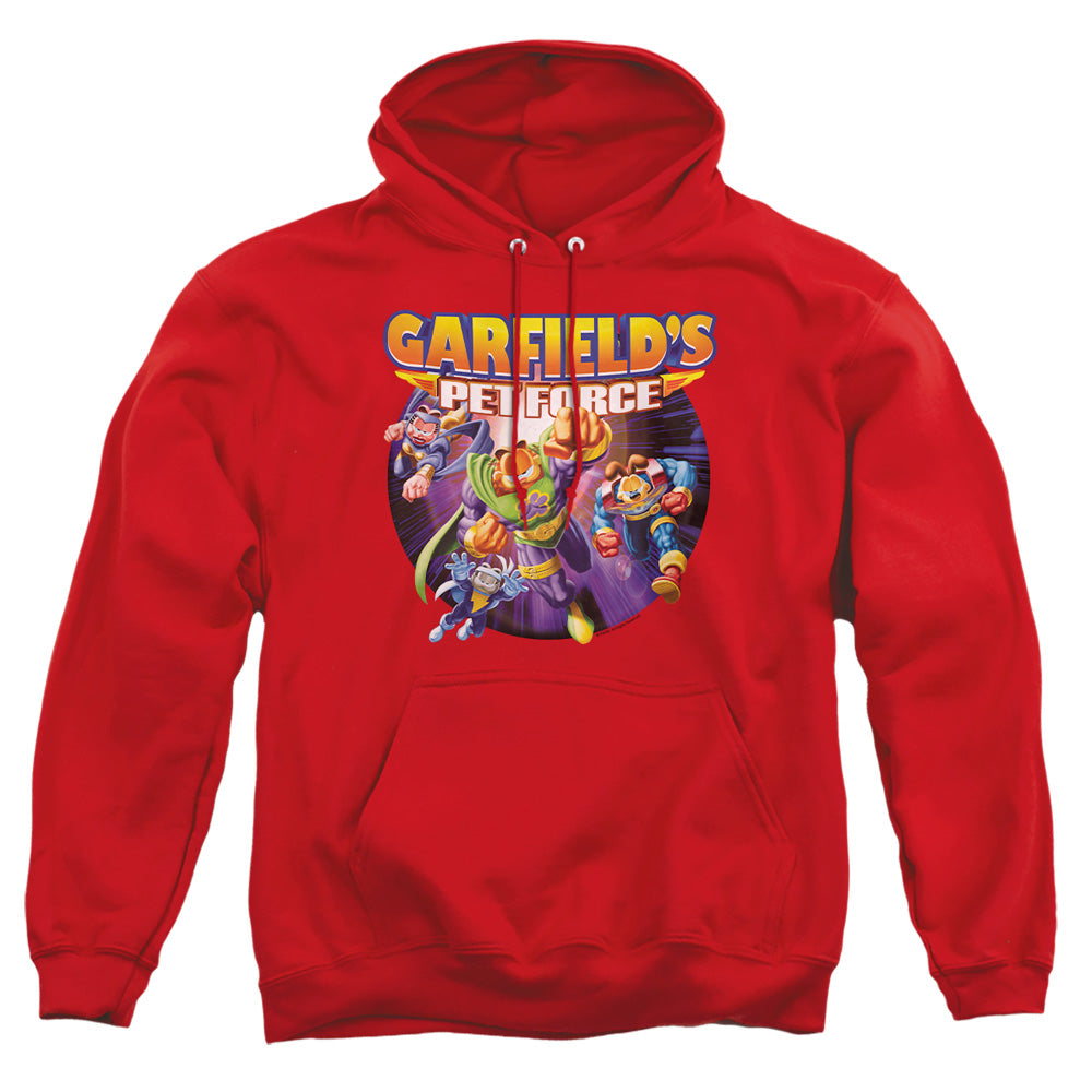AN OFFCIALLY LICENSED GARFIELD PET FORCE FOUR ADULT UNISEX PULLOVER HOODIE RED