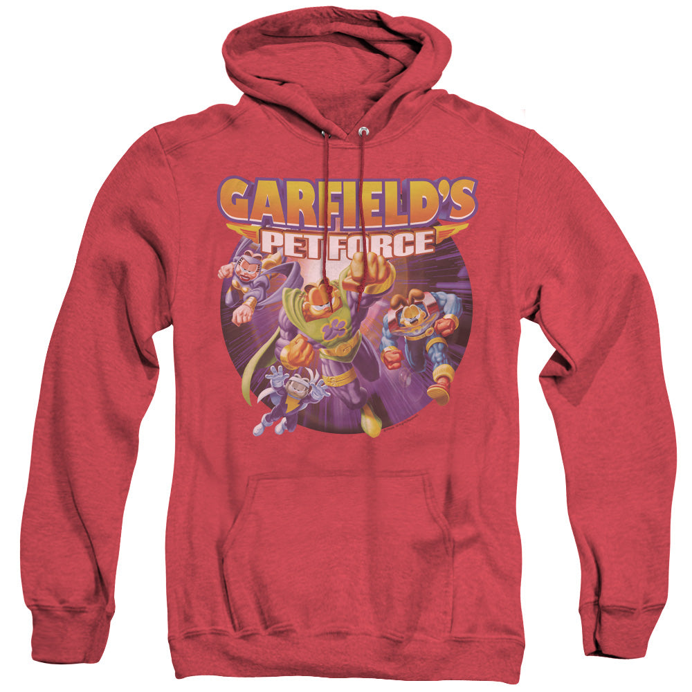 AN OFFCIALLY LICENSED GARFIELD PET FORCE FOUR ADULT UNISEX HEATHER PULLOVER HOODIE RED