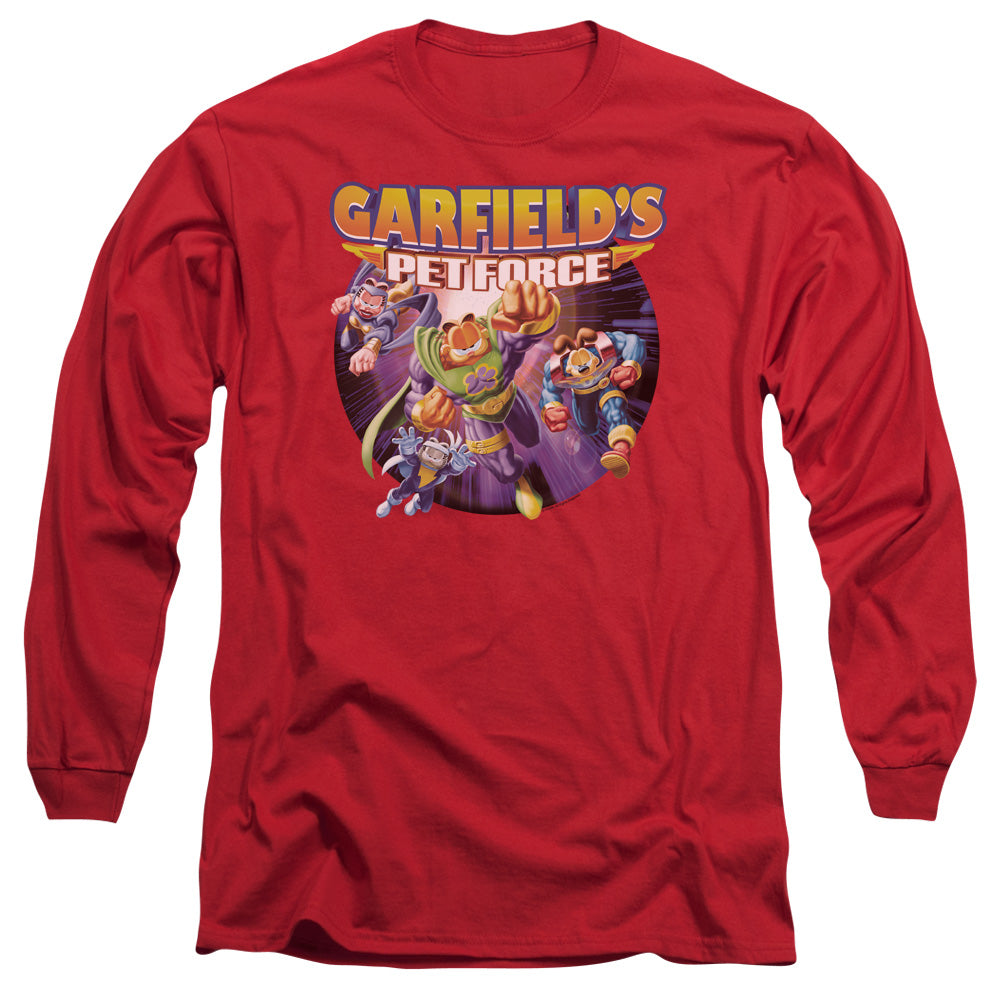 AN OFFCIALLY LICENSED GARFIELD PET FORCE FOUR MEN'S LONG SLEEVE T-SHIRT RED