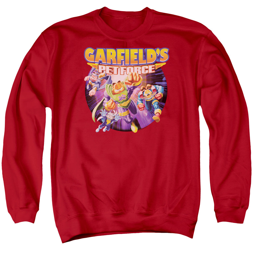 AN OFFCIALLY LICENSED GARFIELD PET FORCE FOUR ADULT UNISEX CREWNECK SWEATSHIRT RED