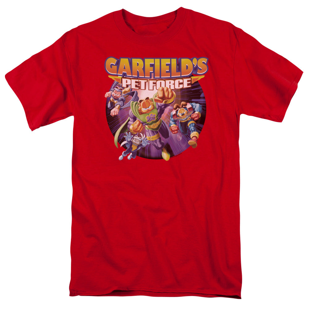 AN OFFCIALLY LICENSED GARFIELD PET FORCE FOUR MEN'S REGULAR FIT T-SHIRT RED
