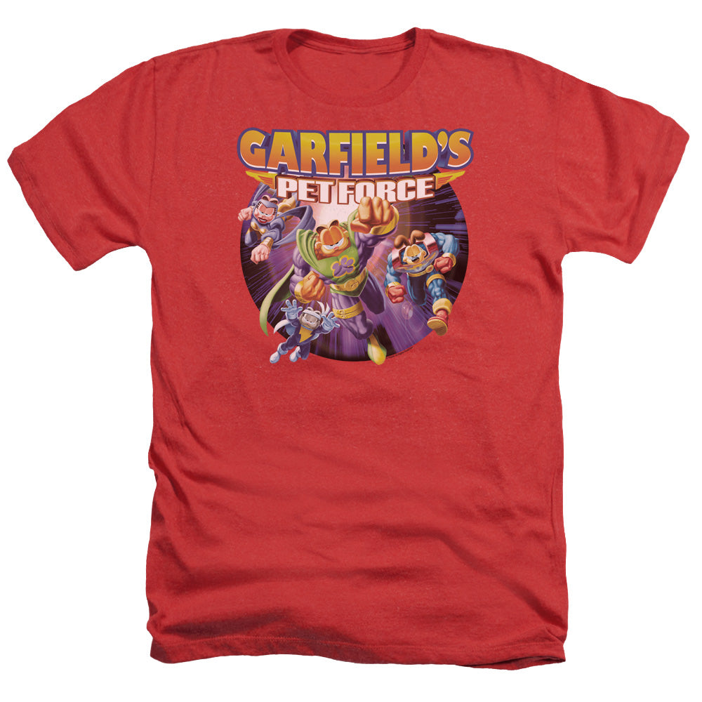 AN OFFCIALLY LICENSED GARFIELD PET FORCE FOUR MEN'S HEATHER T-SHIRT RED