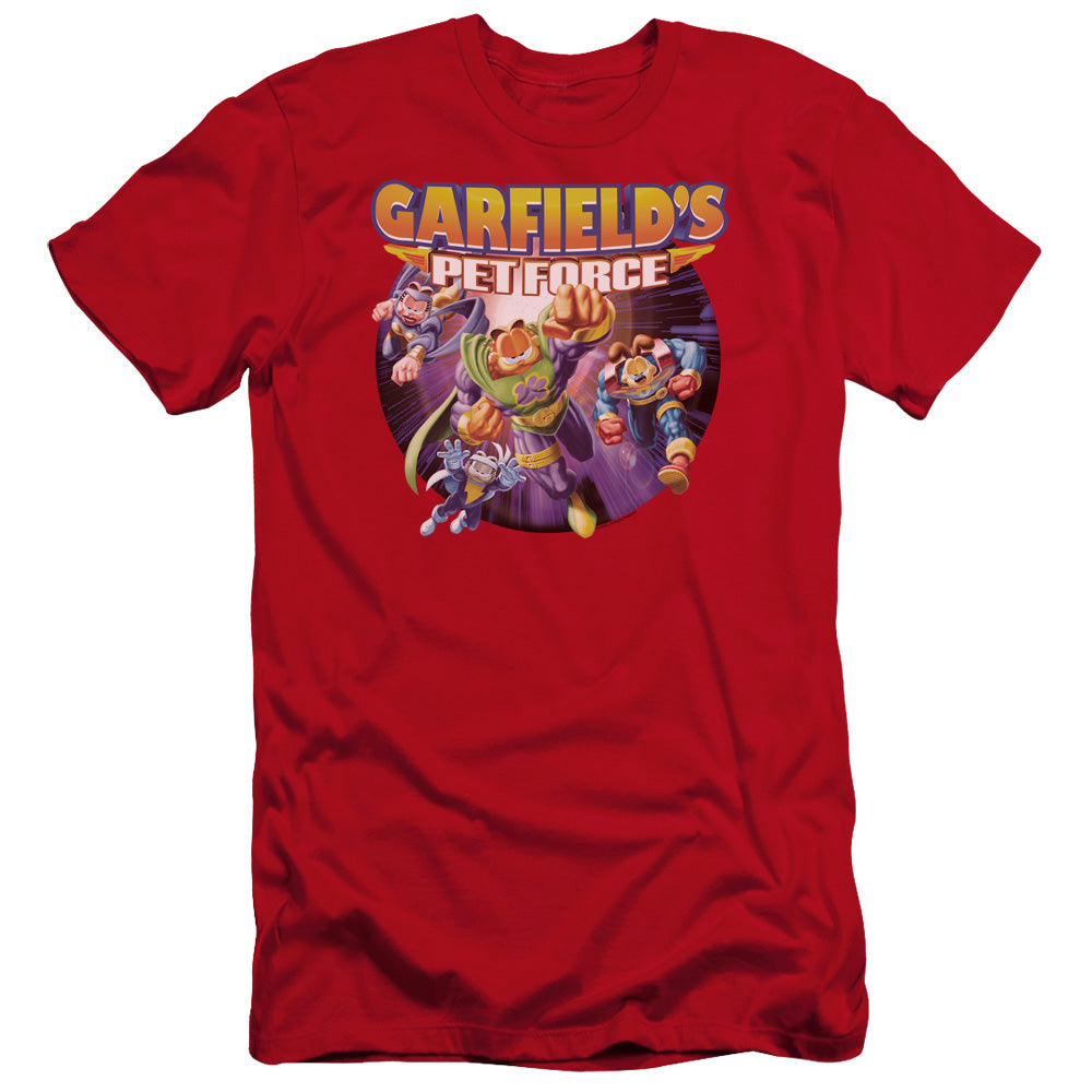 AN OFFCIALLY LICENSED GARFIELD PET FORCE FOUR MEN'S PREMIUM SLIM FIT T-SHIRT RED