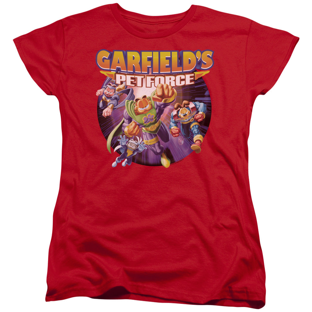 AN OFFCIALLY LICENSED GARFIELD PET FORCE FOUR WOMEN'S REGULAR FIT T-SHIRT RED