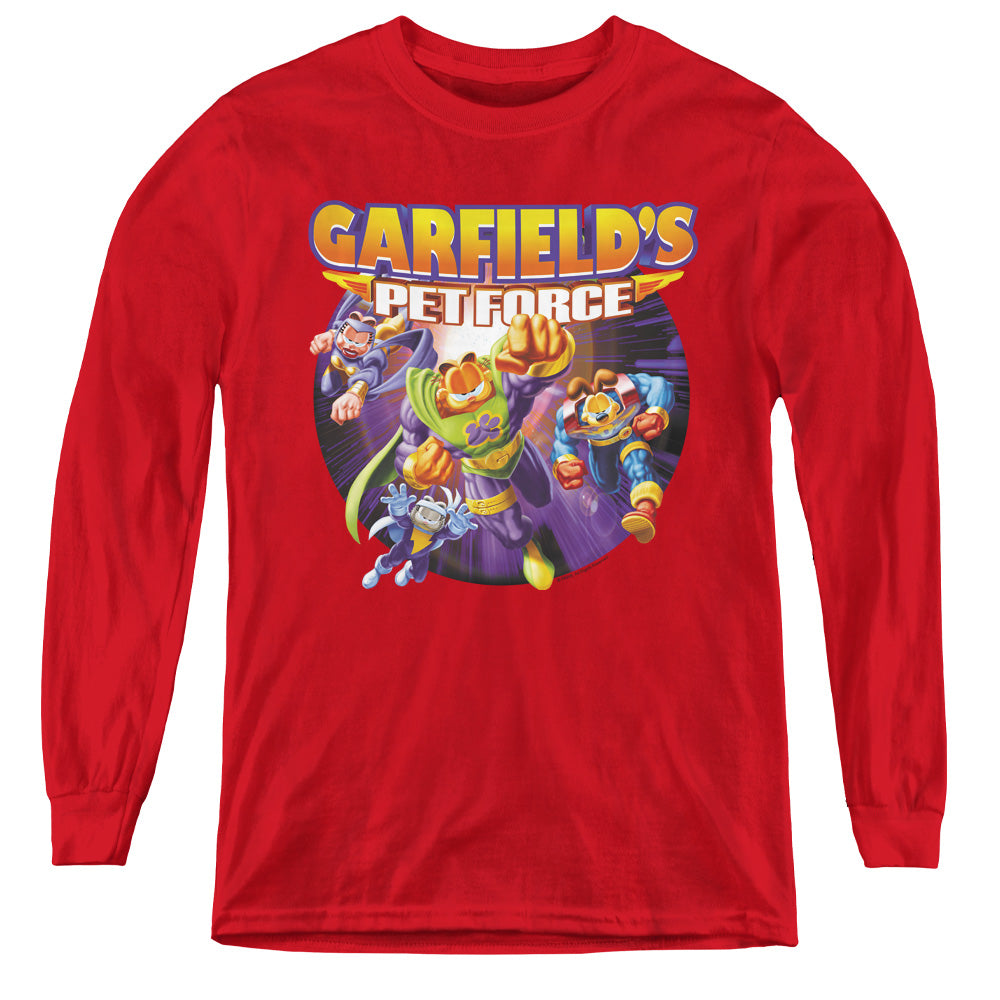 AN OFFCIALLY LICENSED GARFIELD PET FORCE FOUR YOUTH LONG SLEEVE T-SHIRT RED
