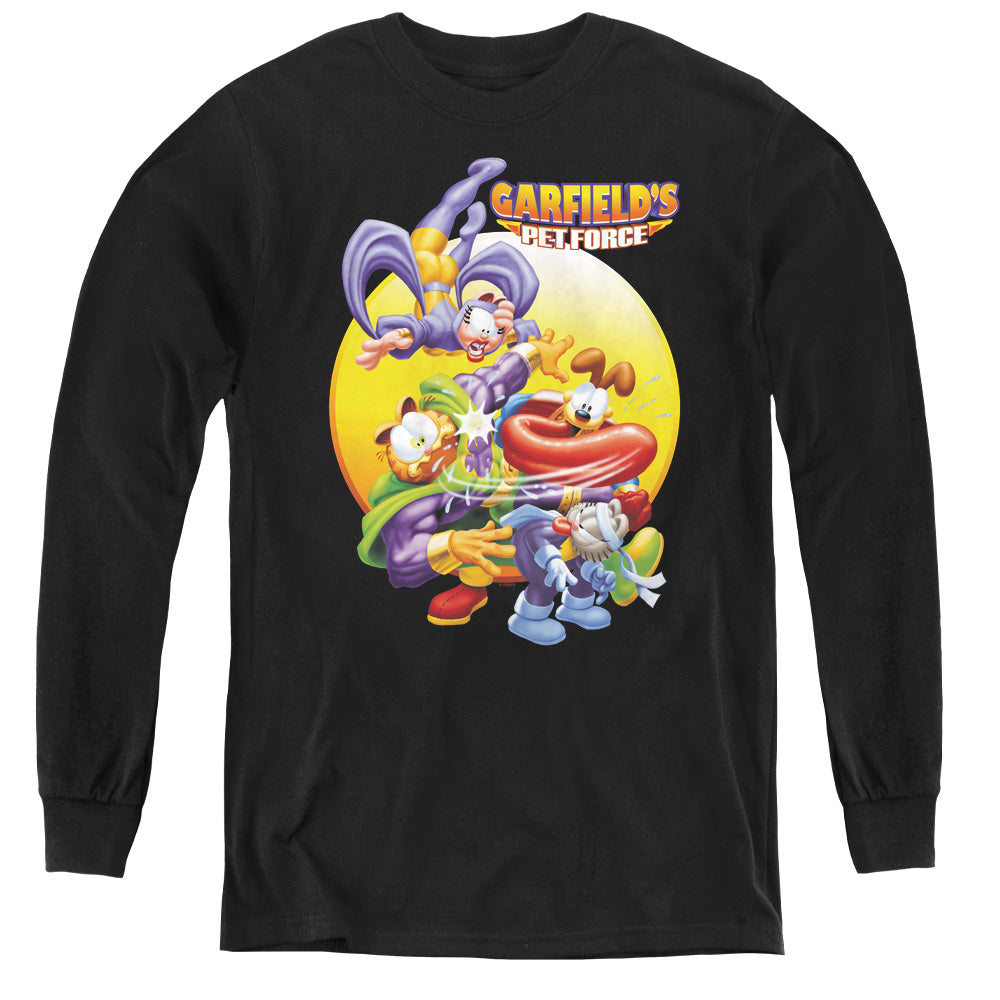AN OFFCIALLY LICENSED GARFIELD TONGUE OF DOOM YOUTH LONG SLEEVE T-SHIRT BLACK