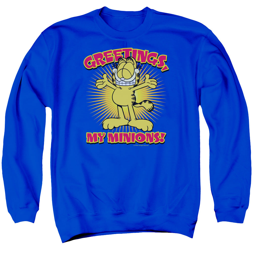 AN OFFCIALLY LICENSED GARFIELD MINIONS ADULT UNISEX CREWNECK SWEATSHIRT ROYAL