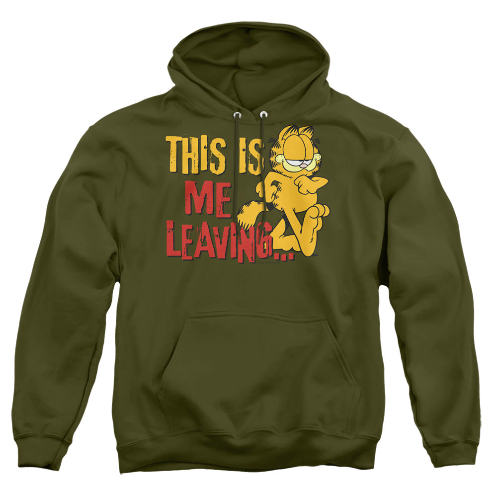 AN OFFCIALLY LICENSED GARFIELD LEAVING ADULT UNISEX PULLOVER HOODIE MILITARY GREEN
