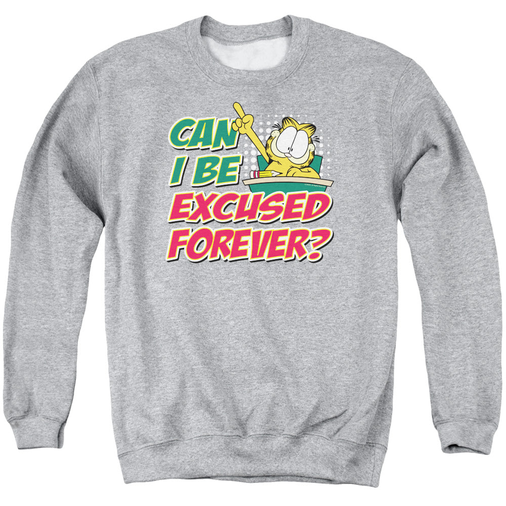 AN OFFCIALLY LICENSED GARFIELD EXCUSED FOREVER ADULT UNISEX CREWNECK SWEATSHIRT ATHLETIC HEATHER