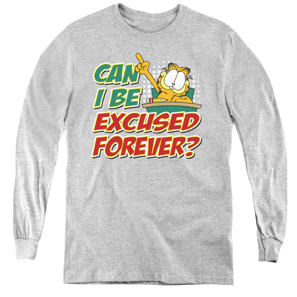 AN OFFCIALLY LICENSED GARFIELD EXCUSED FOREVER YOUTH LONG SLEEVE T-SHIRT ATHLETIC HEATHER
