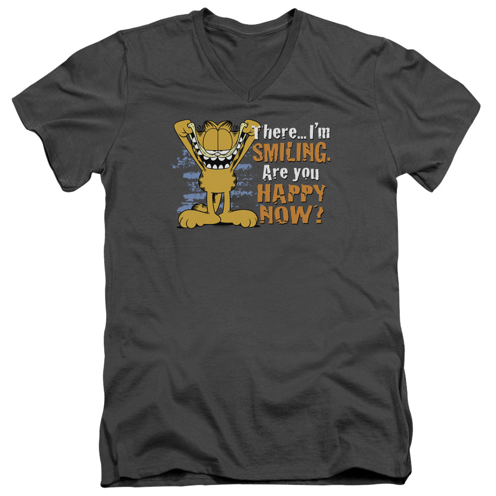 AN OFFCIALLY LICENSED GARFIELD SMILING MEN'S V-NECK T-SHIRT CHARCOAL