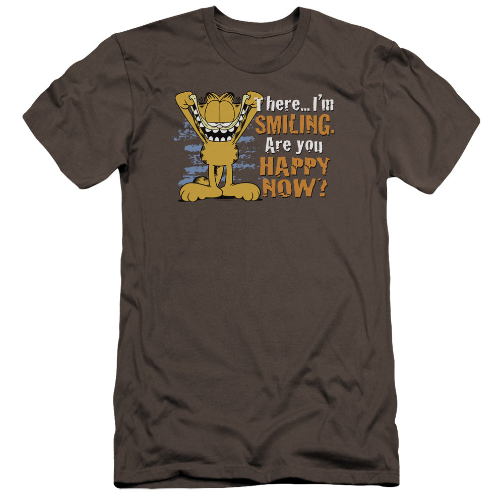 AN OFFCIALLY LICENSED GARFIELD SMILING MEN'S PREMIUM SLIM FIT T-SHIRT CHARCOAL