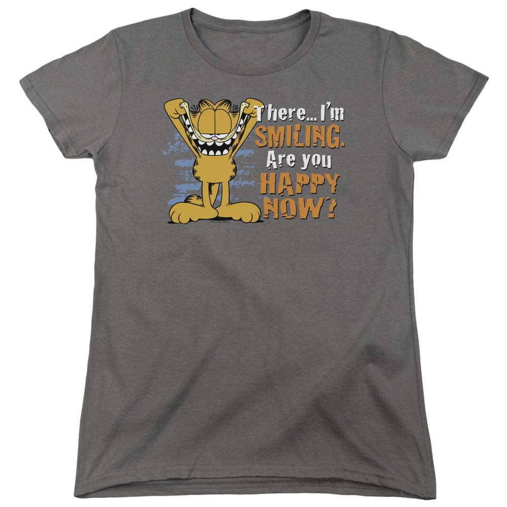 AN OFFCIALLY LICENSED GARFIELD SMILING WOMEN'S REGULAR FIT T-SHIRT CHARCOAL