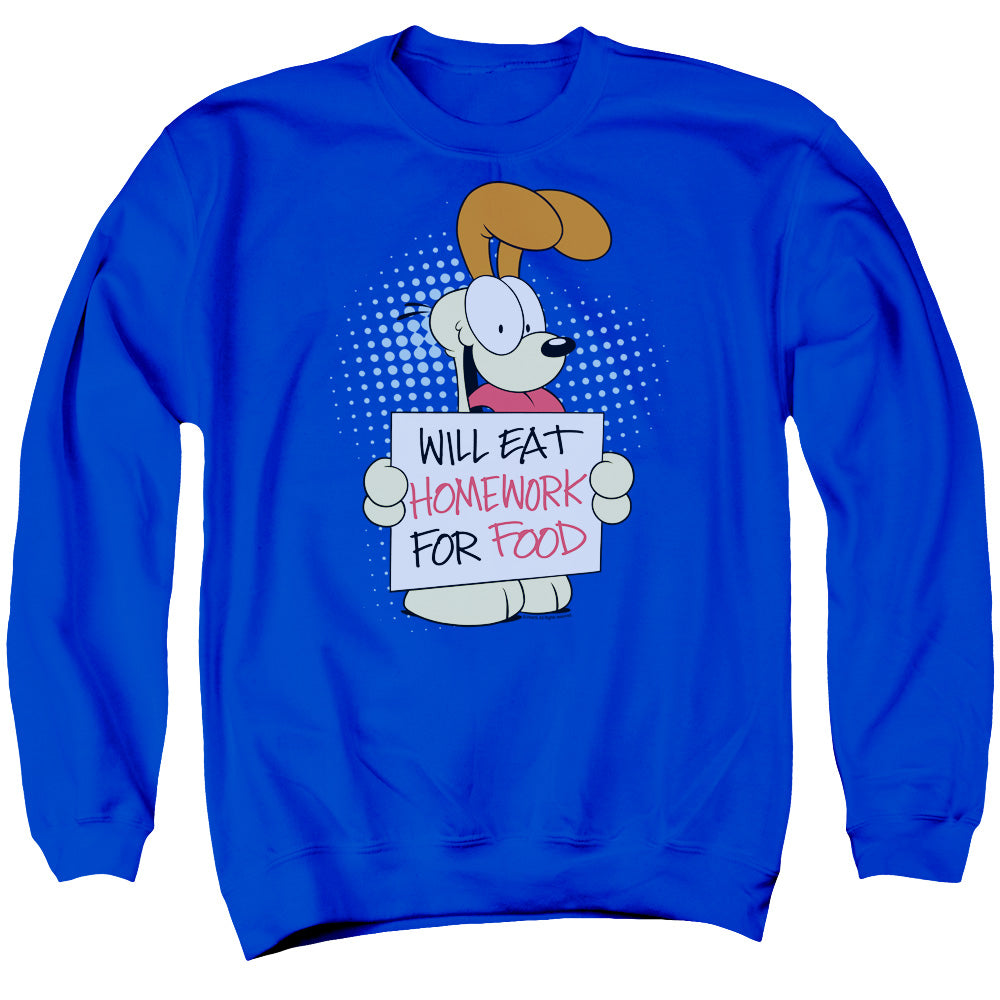 AN OFFCIALLY LICENSED GARFIELD WILL EAT HOMEWORK ADULT UNISEX CREWNECK SWEATSHIRT ROYAL