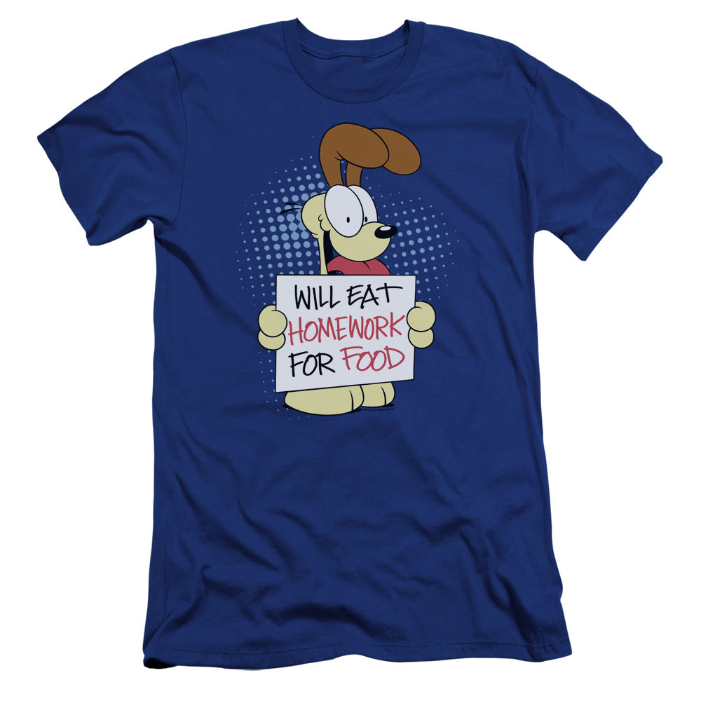 AN OFFCIALLY LICENSED GARFIELD WILL EAT HOMEWORK MEN'S PREMIUM SLIM FIT T-SHIRT ROYAL