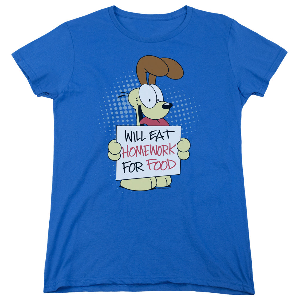 AN OFFCIALLY LICENSED GARFIELD WILL EAT HOMEWORK WOMEN'S REGULAR FIT T-SHIRT ROYAL