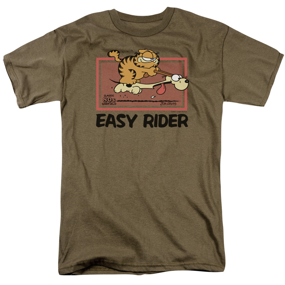 AN OFFCIALLY LICENSED GARFIELD VINTAGE EASY RIDER MEN'S REGULAR FIT T-SHIRT SAFARI GREEN