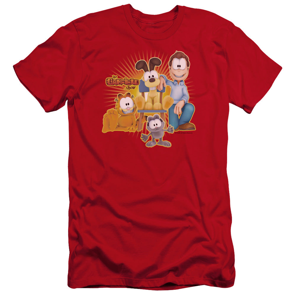 AN OFFCIALLY LICENSED GARFIELD SAY CHEESE MEN'S PREMIUM SLIM FIT T-SHIRT RED