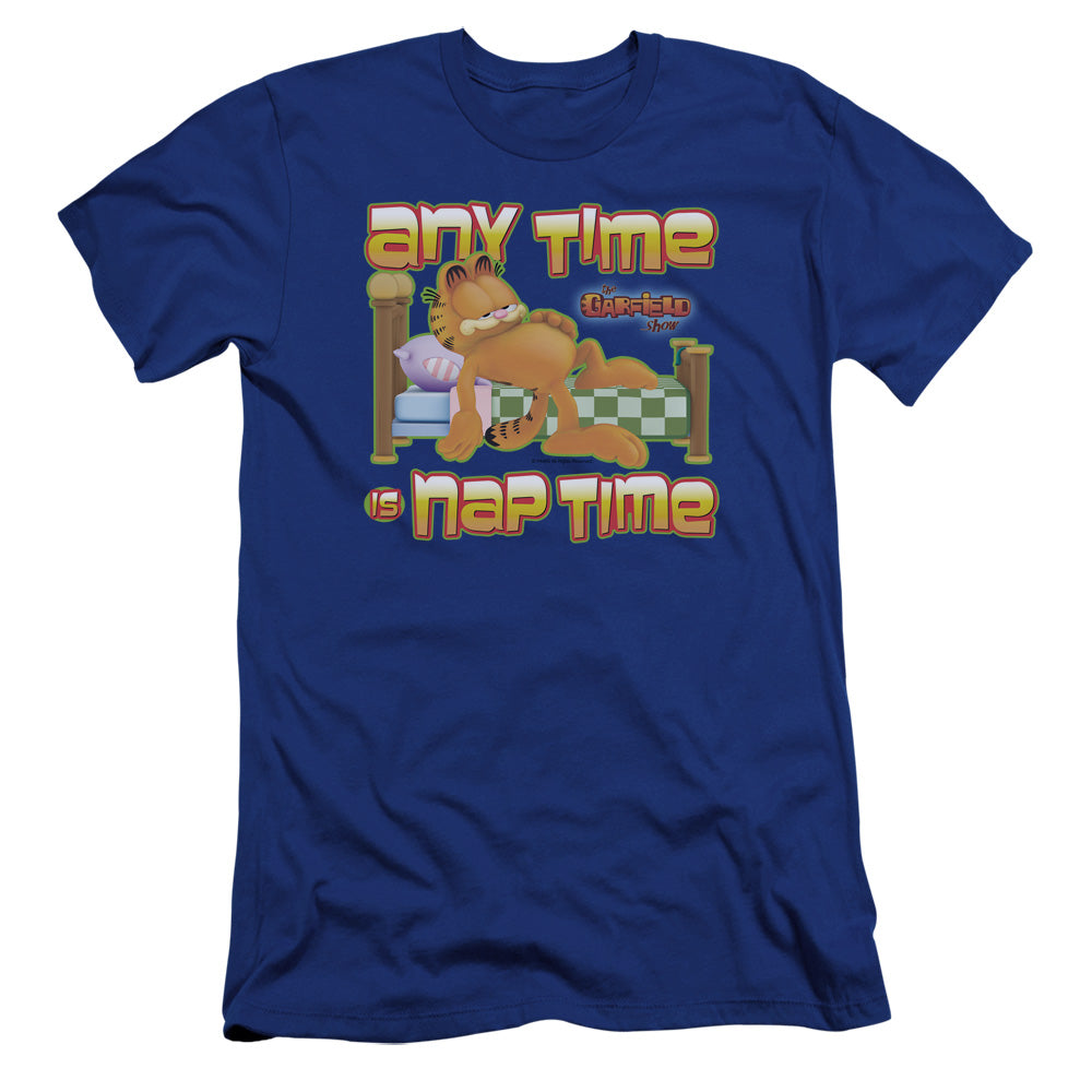 AN OFFCIALLY LICENSED GARFIELD NAP TIME MEN'S PREMIUM SLIM FIT T-SHIRT ROYAL