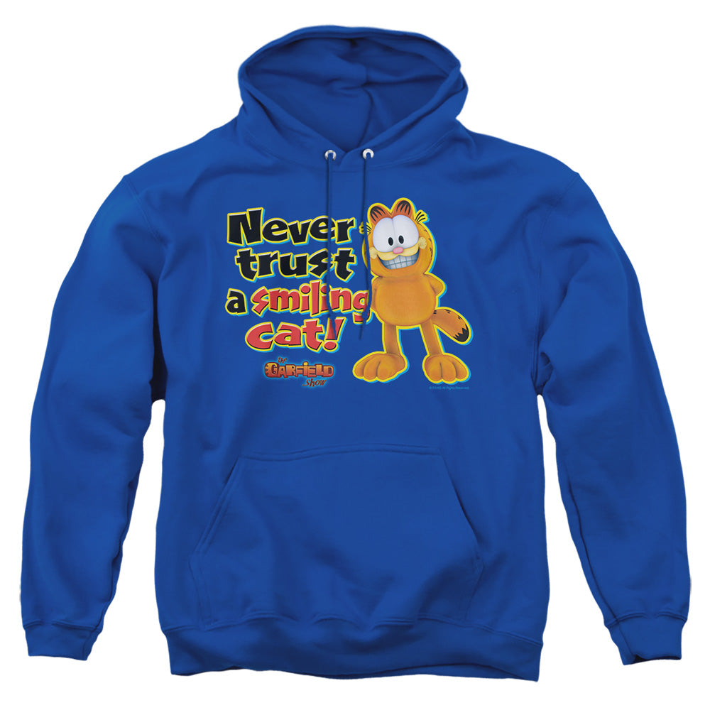 AN OFFCIALLY LICENSED GARFIELD SMILING ADULT UNISEX PULLOVER HOODIE ROYAL