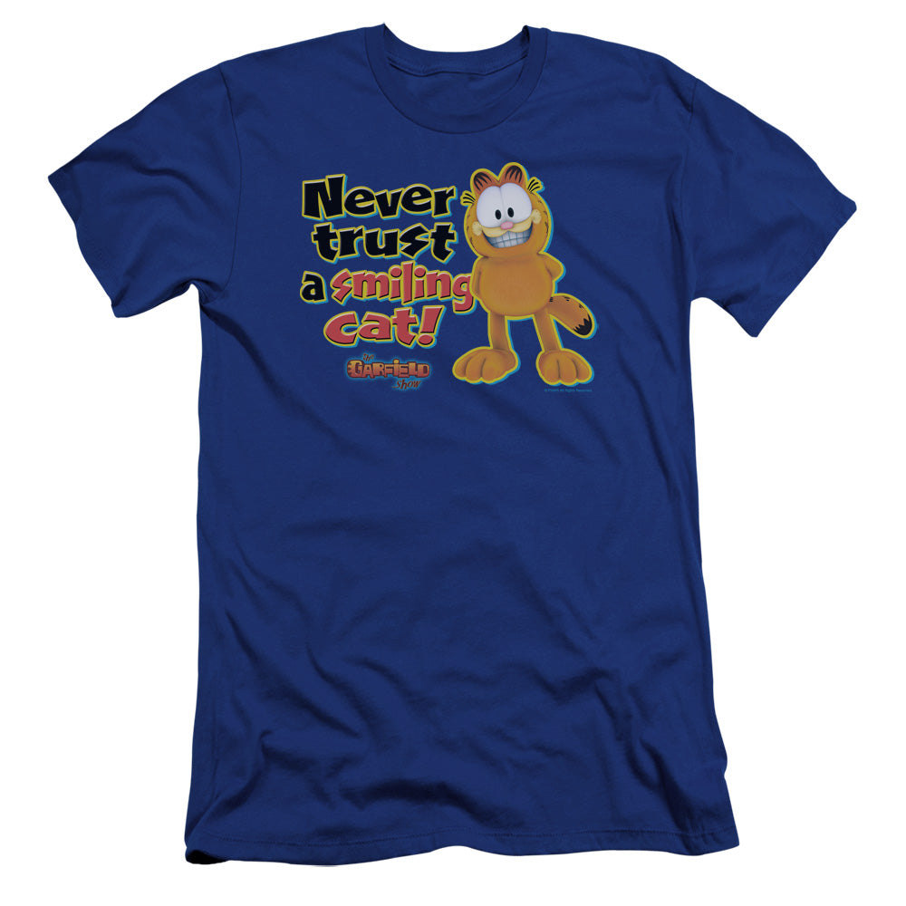 AN OFFCIALLY LICENSED GARFIELD SMILING MEN'S PREMIUM SLIM FIT T-SHIRT ROYAL