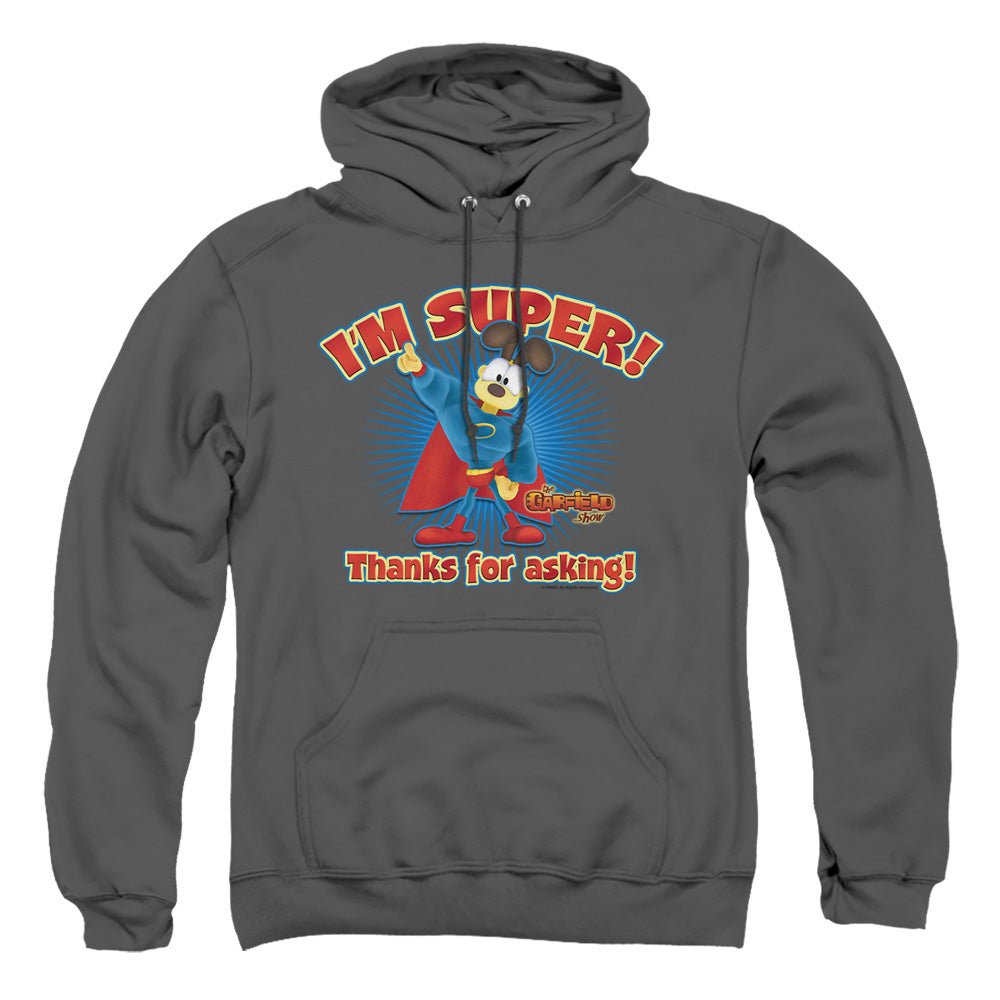 AN OFFCIALLY LICENSED GARFIELD SUPER ADULT UNISEX PULLOVER HOODIE CHARCOAL