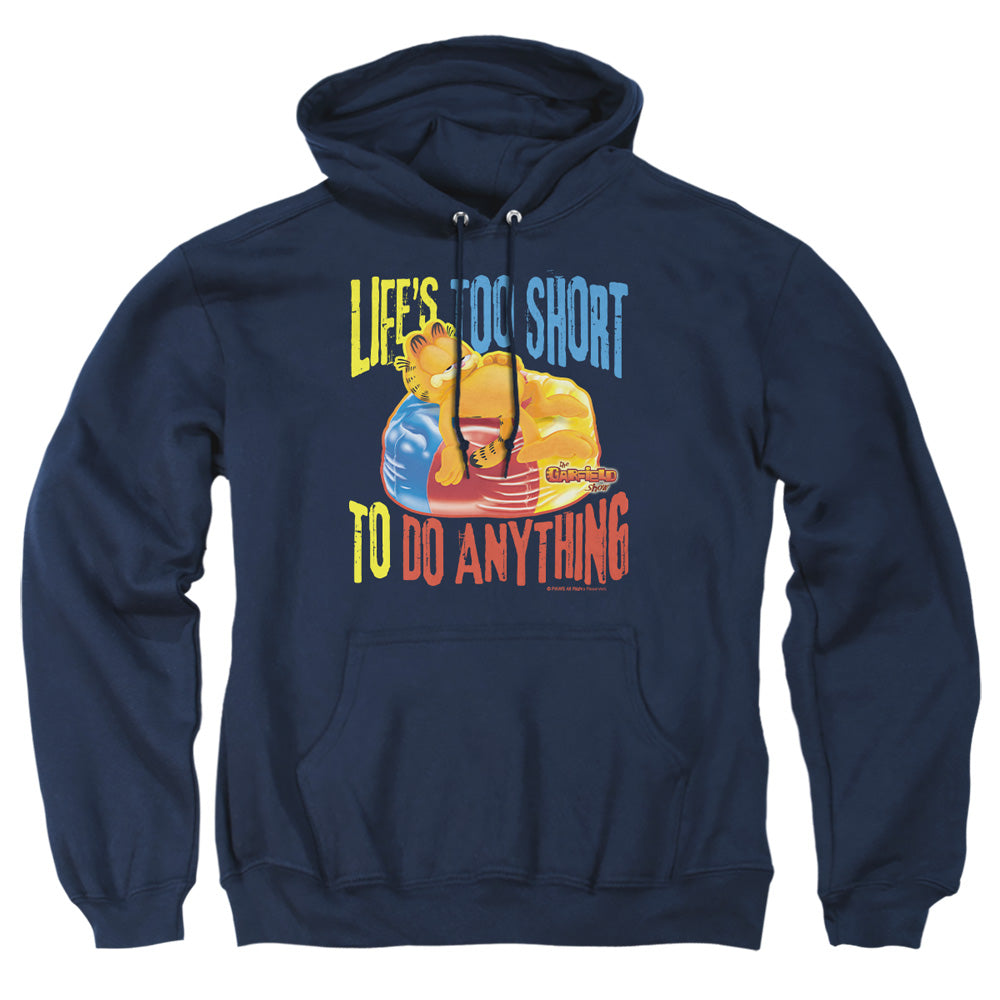AN OFFCIALLY LICENSED GARFIELD TOO SHORT ADULT UNISEX PULLOVER HOODIE NAVY
