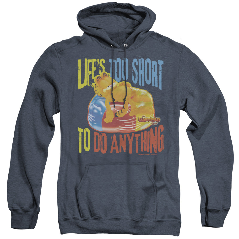AN OFFCIALLY LICENSED GARFIELD TOO SHORT ADULT UNISEX HEATHER PULLOVER HOODIE NAVY
