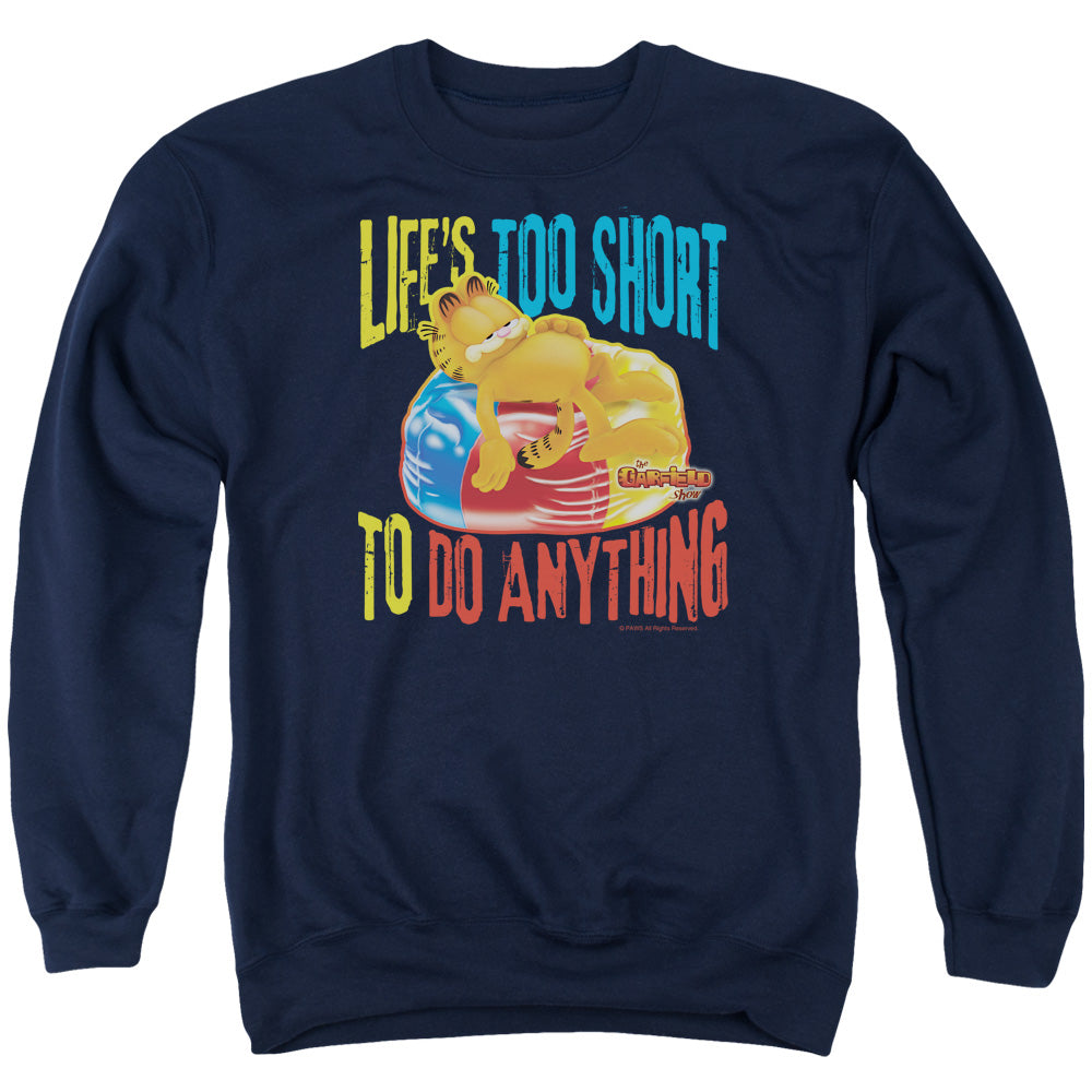 AN OFFCIALLY LICENSED GARFIELD TOO SHORT ADULT UNISEX CREWNECK SWEATSHIRT NAVY