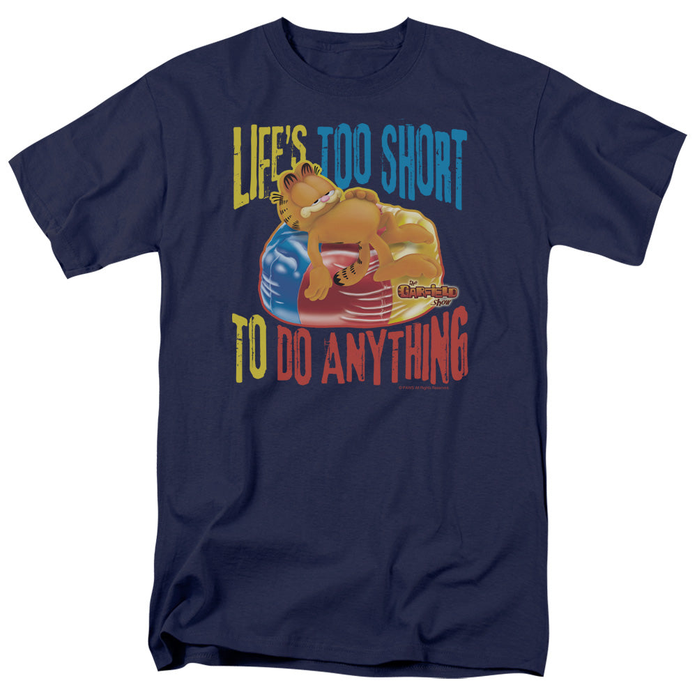 AN OFFCIALLY LICENSED GARFIELD TOO SHORT MEN'S REGULAR FIT T-SHIRT NAVY