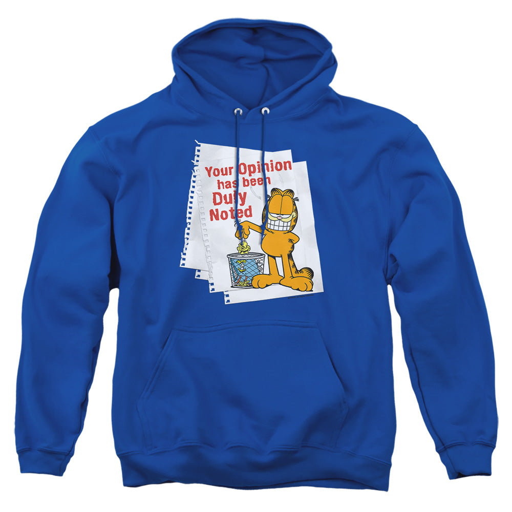 AN OFFCIALLY LICENSED GARFIELD DULY NOTED ADULT UNISEX PULLOVER HOODIE ROYAL