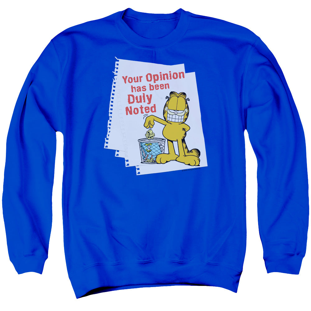 AN OFFCIALLY LICENSED GARFIELD DULY NOTED ADULT UNISEX CREWNECK SWEATSHIRT ROYAL