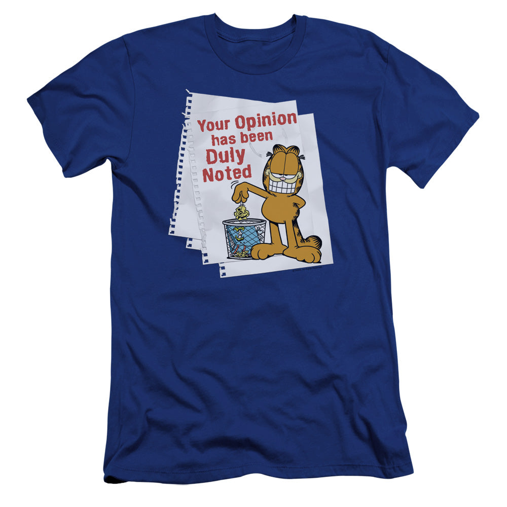 AN OFFCIALLY LICENSED GARFIELD DULY NOTED MEN'S PREMIUM SLIM FIT T-SHIRT ROYAL