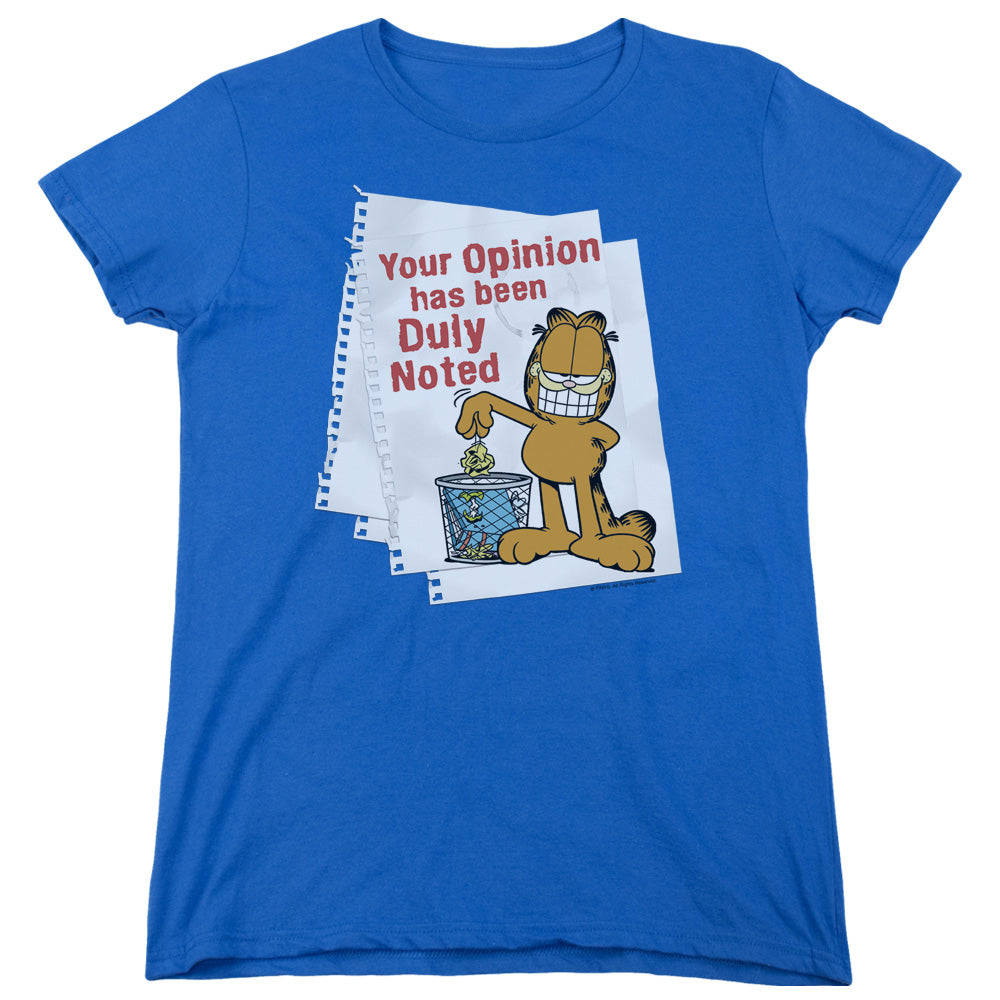 AN OFFCIALLY LICENSED GARFIELD DULY NOTED WOMEN'S REGULAR FIT T-SHIRT ROYAL