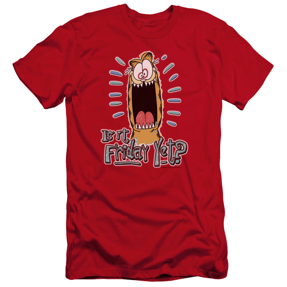 AN OFFCIALLY LICENSED GARFIELD FRIDAY MEN'S PREMIUM SLIM FIT T-SHIRT RED