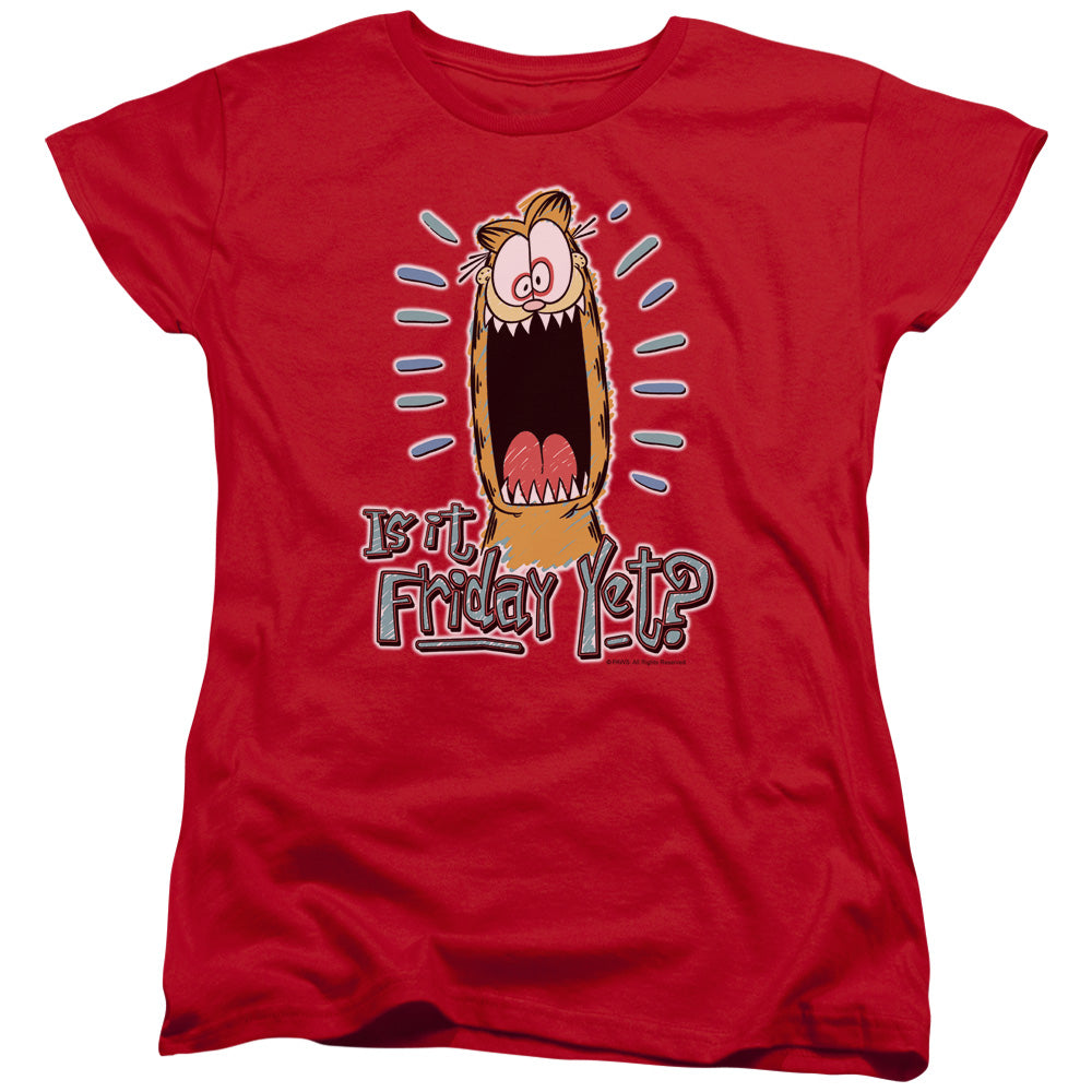 AN OFFCIALLY LICENSED GARFIELD FRIDAY WOMEN'S REGULAR FIT T-SHIRT RED