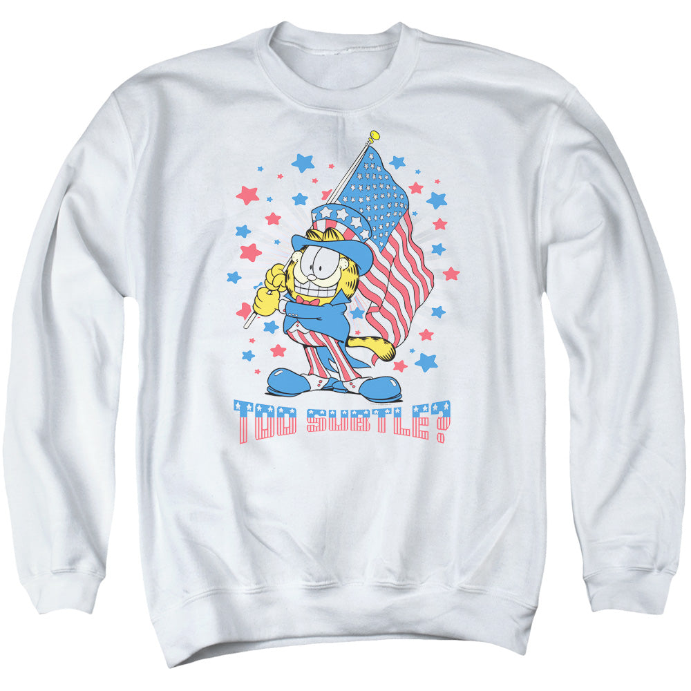 AN OFFCIALLY LICENSED GARFIELD SUBTLE ADULT UNISEX CREWNECK SWEATSHIRT WHITE
