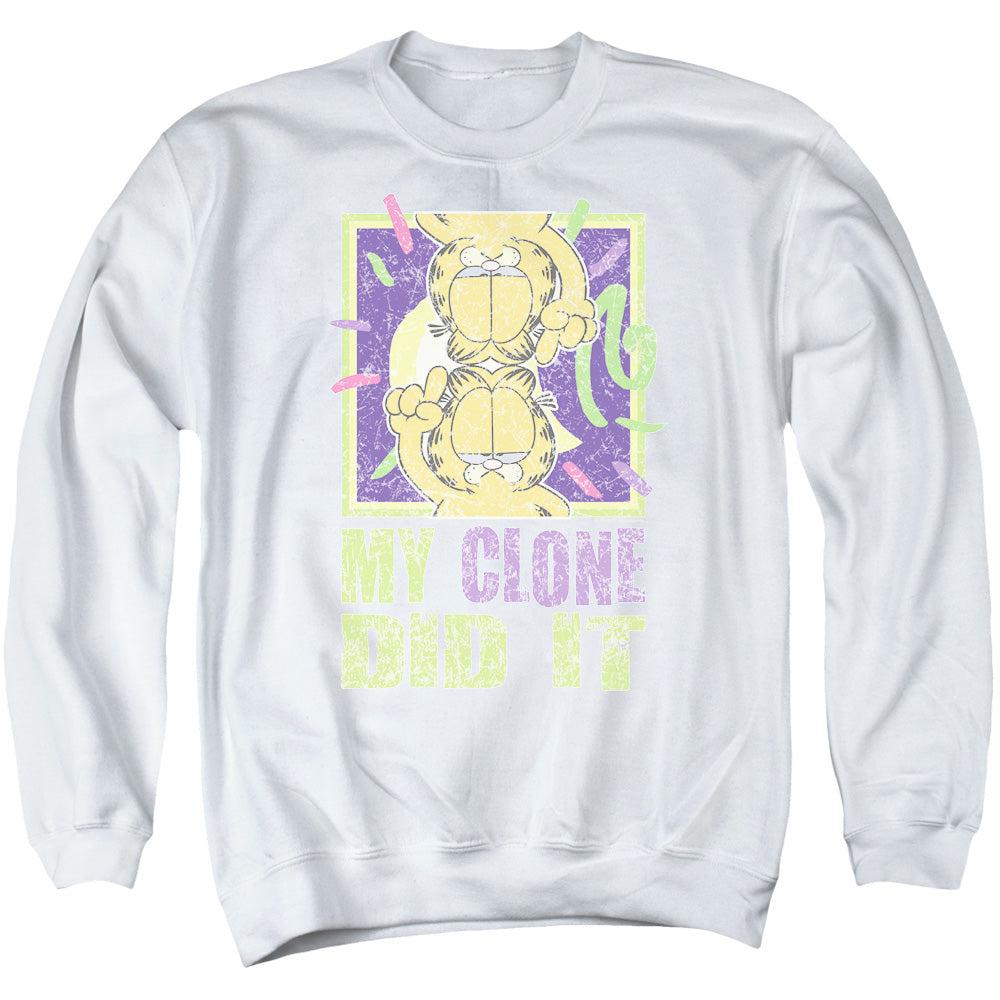AN OFFCIALLY LICENSED GARFIELD MY CLONE DID IT ADULT UNISEX CREWNECK SWEATSHIRT WHITE