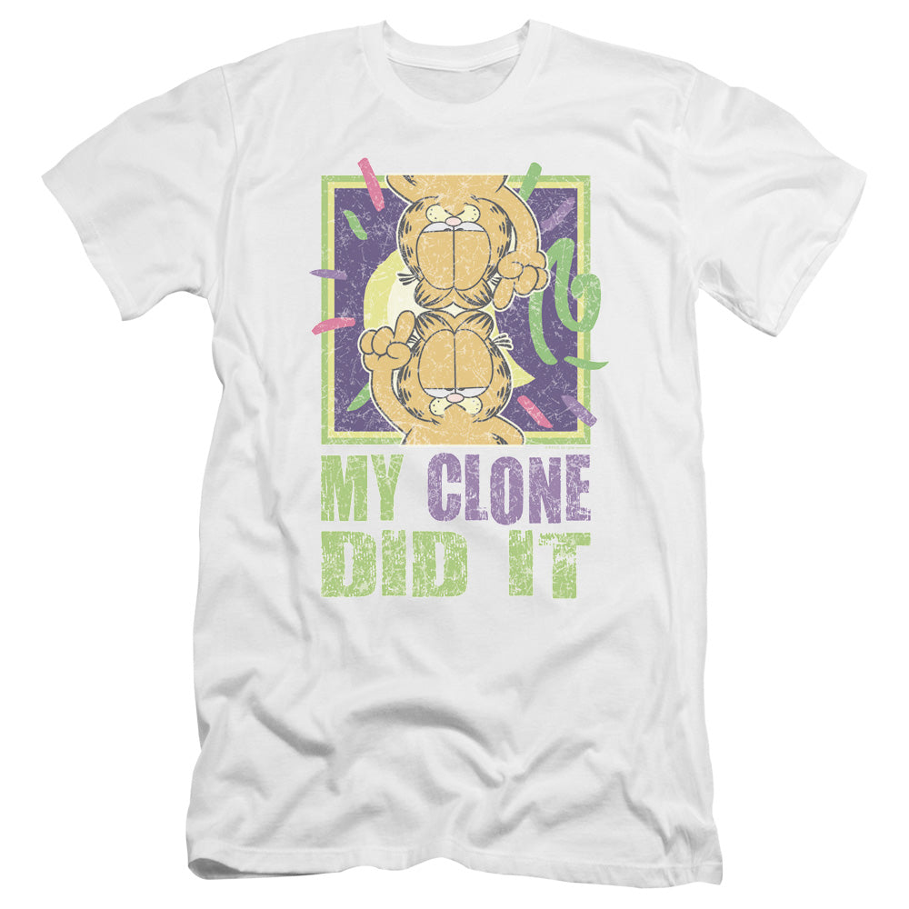 AN OFFCIALLY LICENSED GARFIELD MY CLONE DID IT MEN'S PREMIUM SLIM FIT T-SHIRT WHITE
