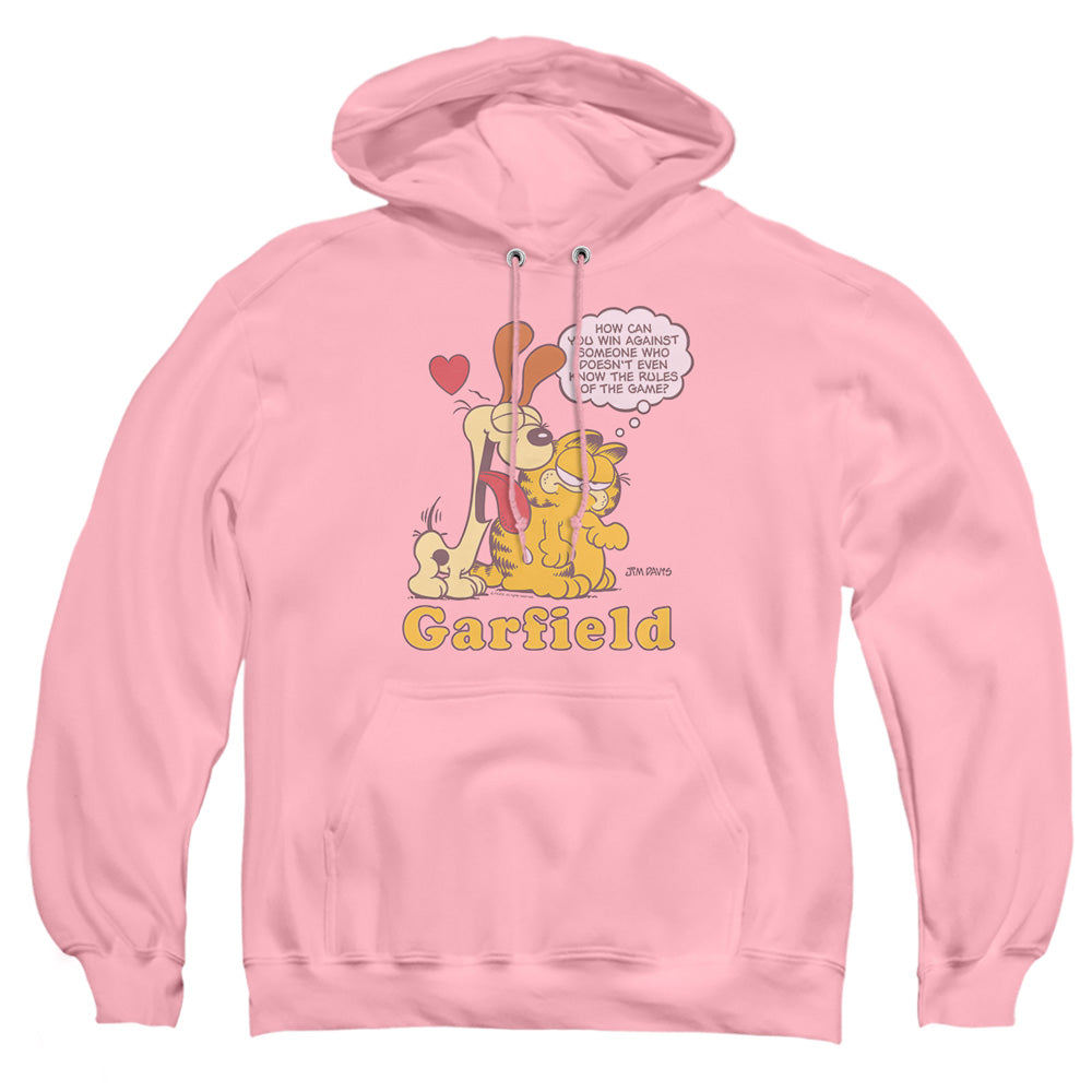 AN OFFCIALLY LICENSED GARFIELD CANT WIN ADULT UNISEX PULLOVER HOODIE PINK