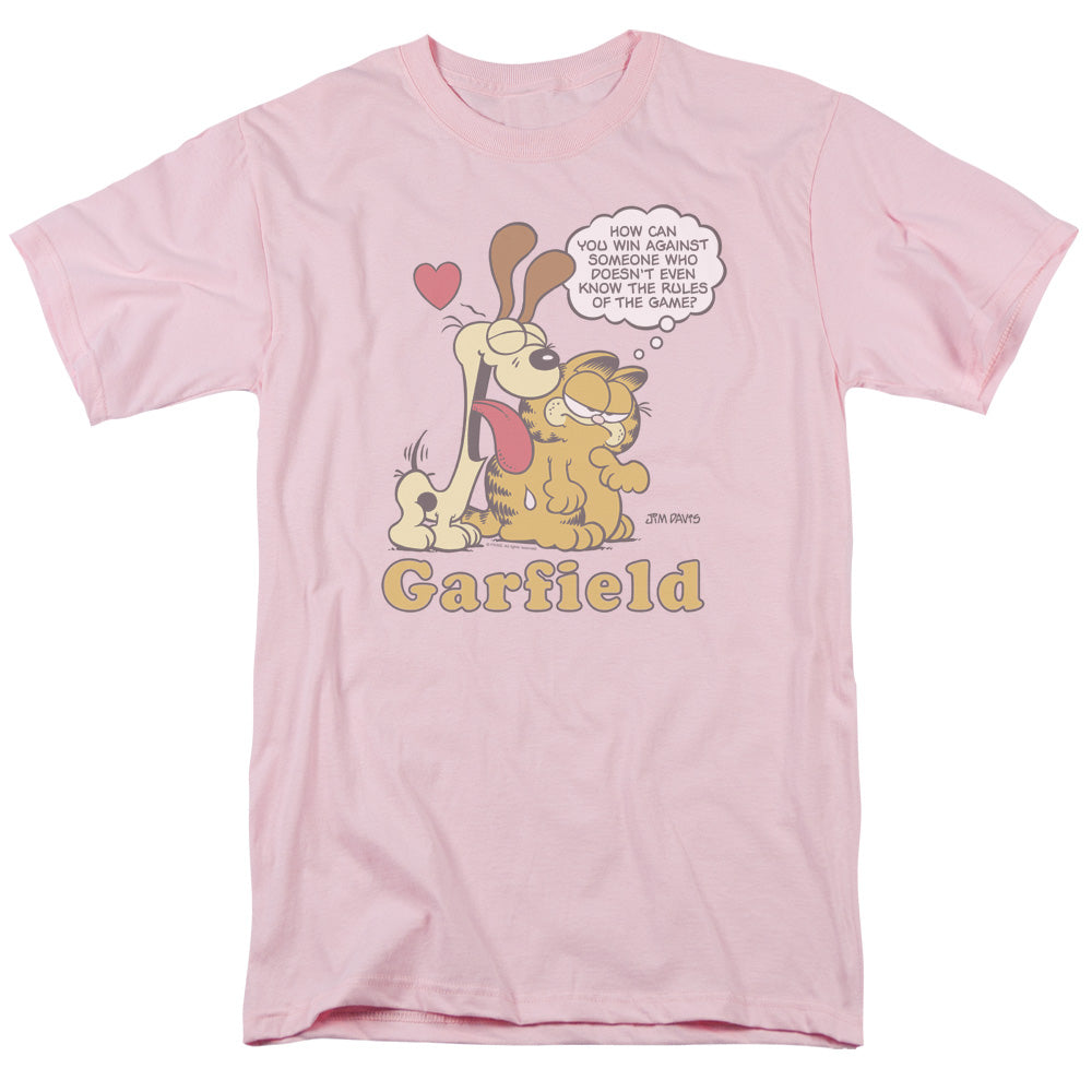 AN OFFCIALLY LICENSED GARFIELD CANT WIN MEN'S REGULAR FIT T-SHIRT PINK