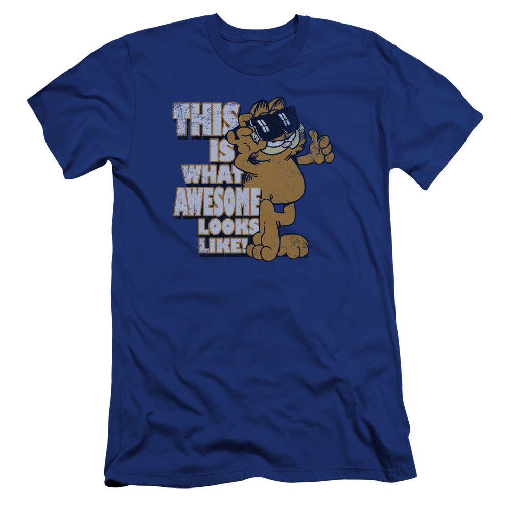 AN OFFCIALLY LICENSED GARFIELD AWESOME MEN'S PREMIUM SLIM FIT T-SHIRT ROYAL