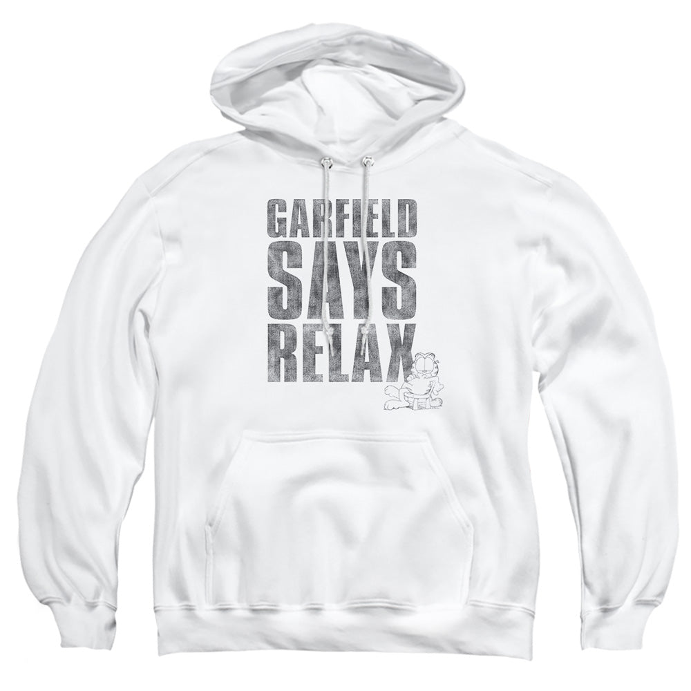 AN OFFCIALLY LICENSED GARFIELD RELAX ADULT UNISEX PULLOVER HOODIE WHITE