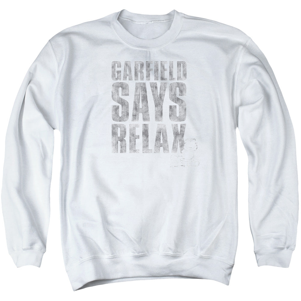 AN OFFCIALLY LICENSED GARFIELD RELAX ADULT UNISEX CREWNECK SWEATSHIRT WHITE