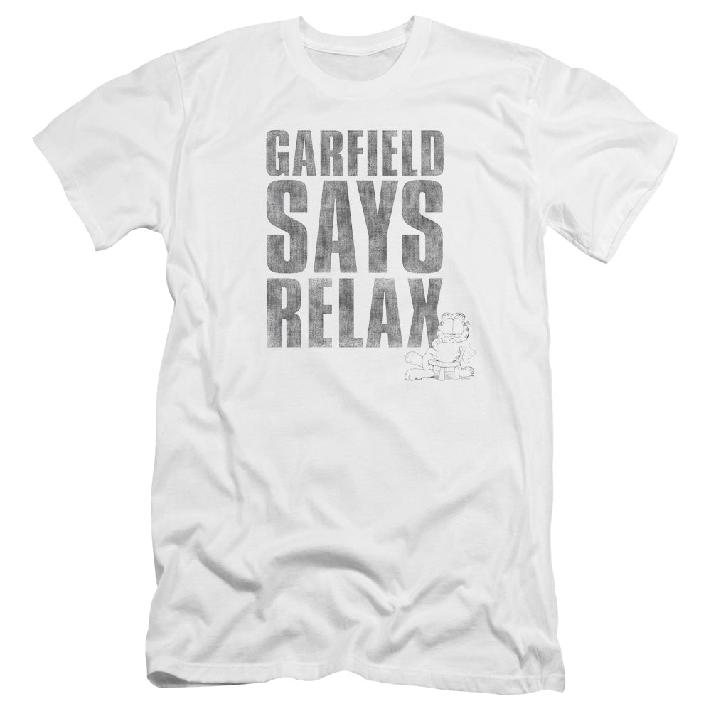 AN OFFCIALLY LICENSED GARFIELD RELAX MEN'S PREMIUM SLIM FIT T-SHIRT WHITE