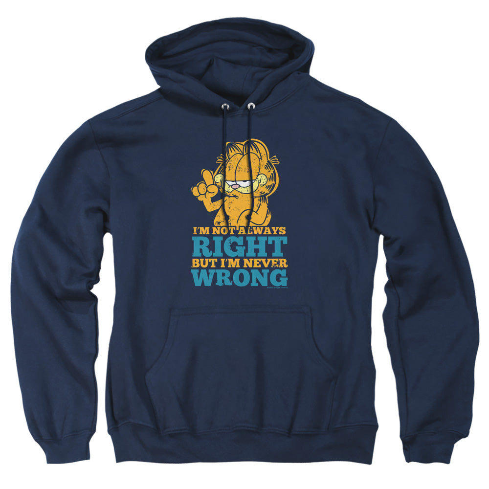 AN OFFCIALLY LICENSED GARFIELD NEVER WRONG ADULT UNISEX PULLOVER HOODIE NAVY