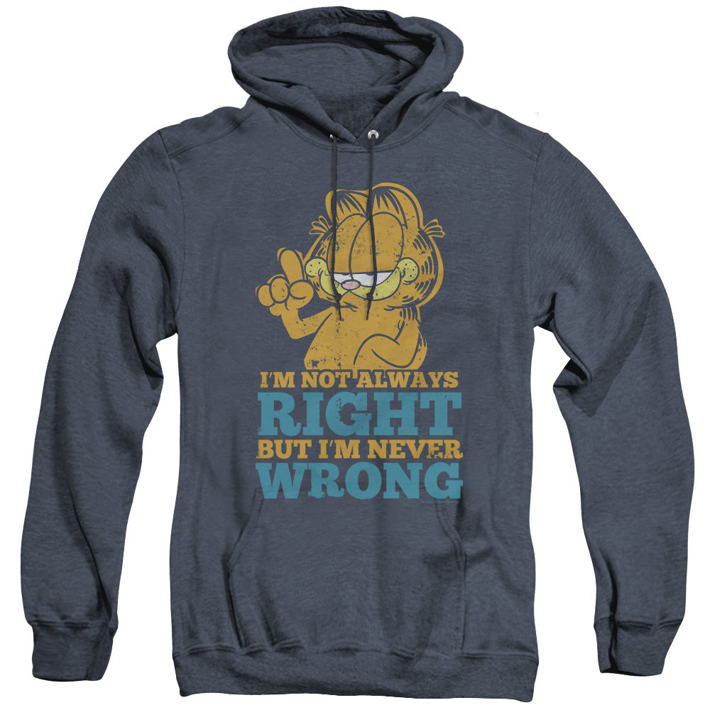 AN OFFCIALLY LICENSED GARFIELD NEVER WRONG ADULT UNISEX HEATHER PULLOVER HOODIE NAVY