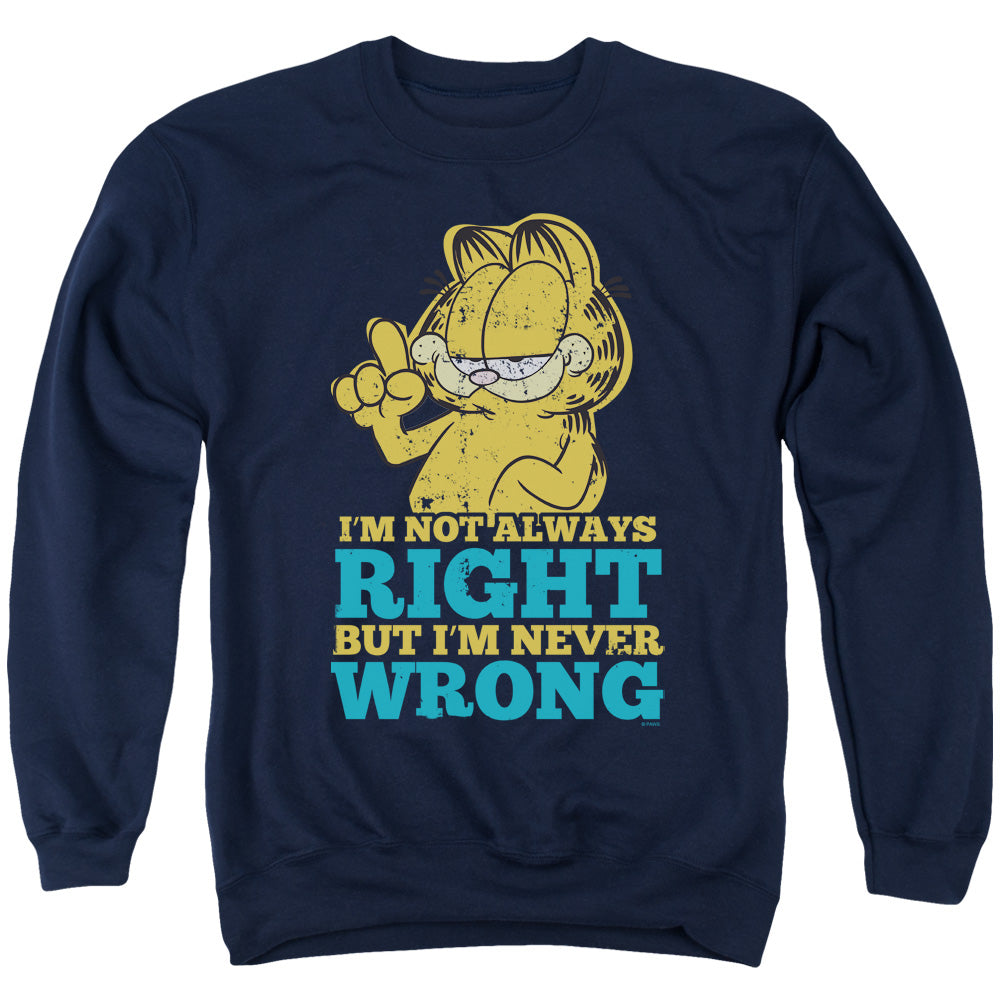 AN OFFCIALLY LICENSED GARFIELD NEVER WRONG ADULT UNISEX CREWNECK SWEATSHIRT NAVY