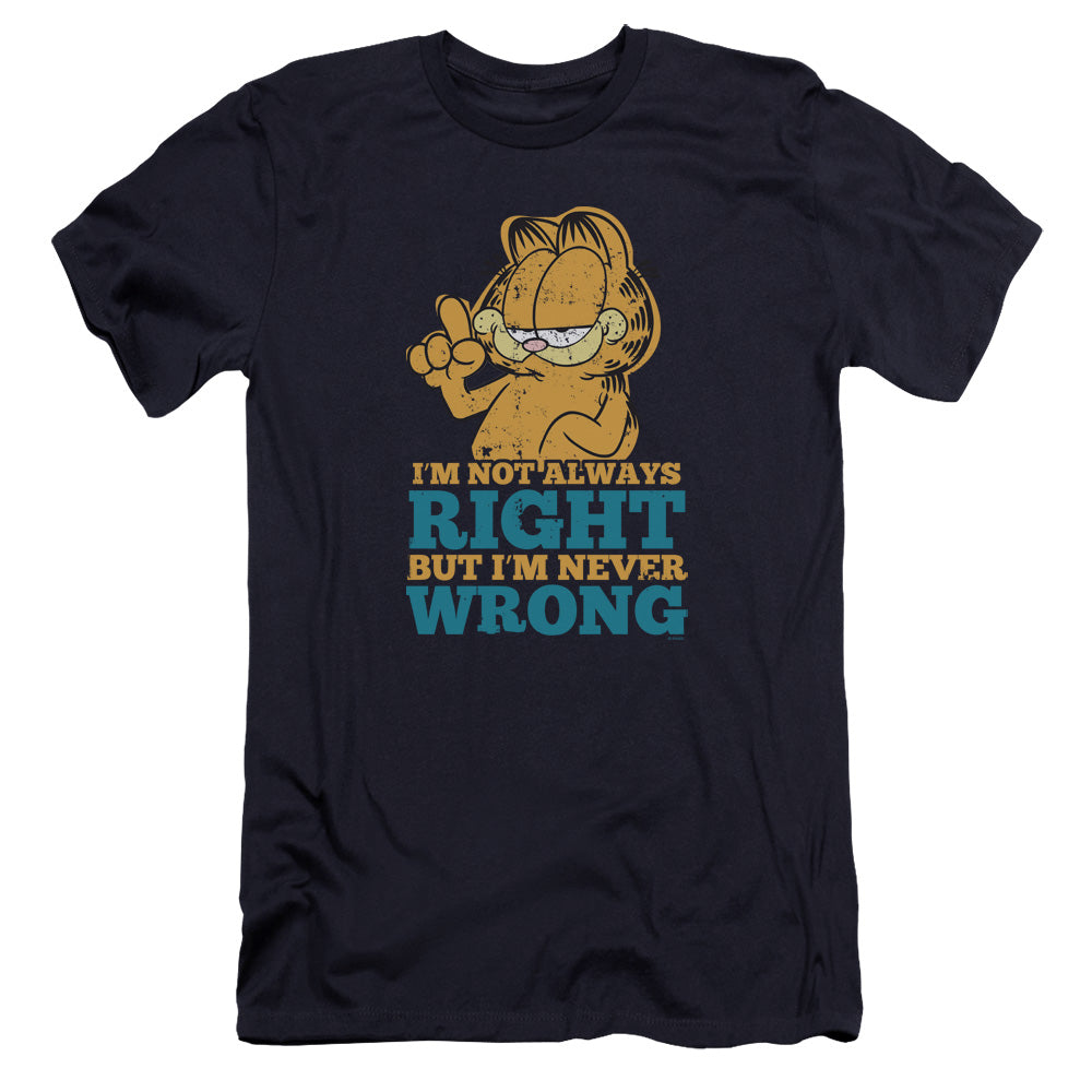 AN OFFCIALLY LICENSED GARFIELD NEVER WRONG MEN'S PREMIUM SLIM FIT T-SHIRT NAVY