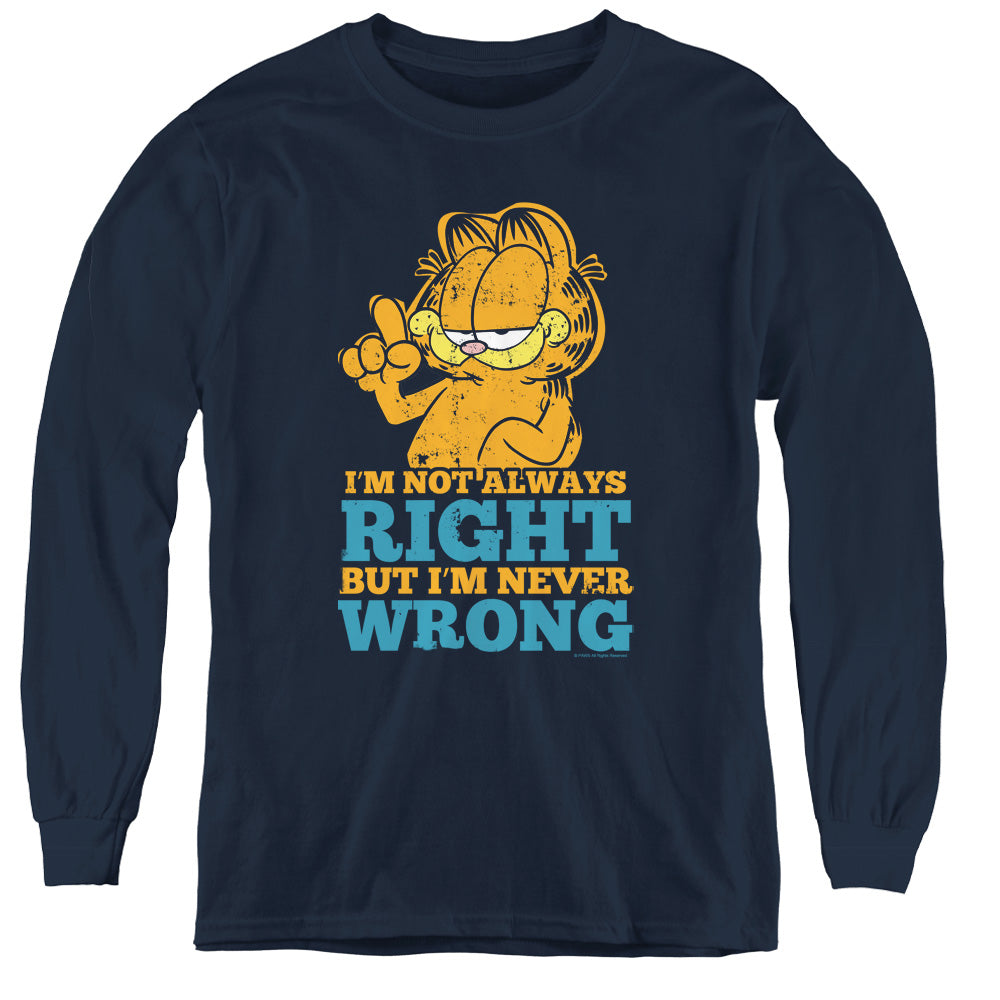 AN OFFCIALLY LICENSED GARFIELD NEVER WRONG YOUTH LONG SLEEVE T-SHIRT NAVY
